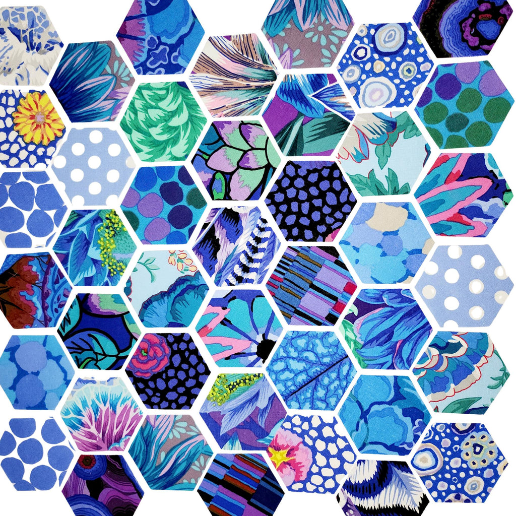 42 precut hexagons Kaffe Fassett Lake 1 inch die cut hexies and paper templates; English Paper Piecing (EPP); patchwork fabric