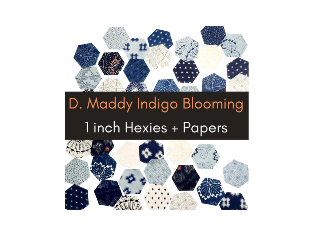 EPP Indigo Blooming Fabric Hexies: 1-inch Japanese Repro Fabrics, Papers (42pcs)