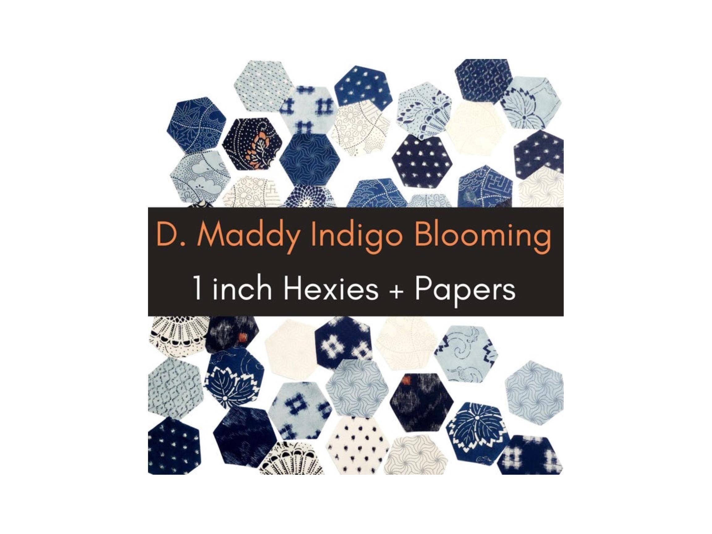 EPP Indigo Blooming Fabric Hexies: 1-inch Japanese Repro Fabrics, Papers (42pcs)
