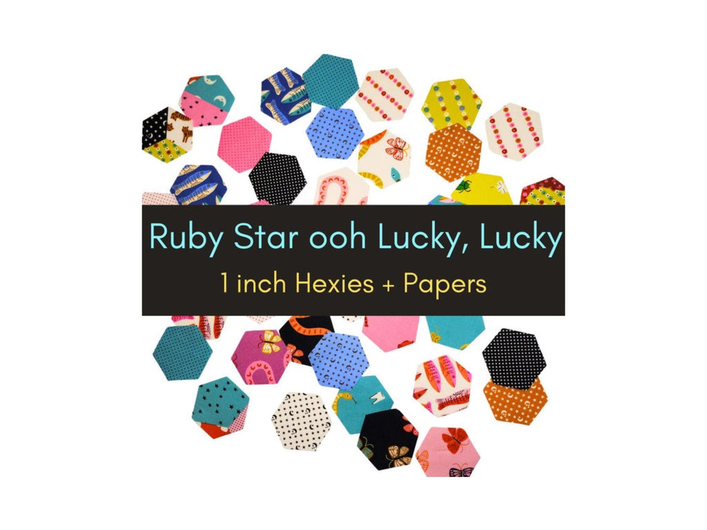 42 precut hexagons Ruby Star Society Ooh Lucky Lucky 1 inch die cut hexies, plus paper templates; fabric for English Paper Piecing (EPP)