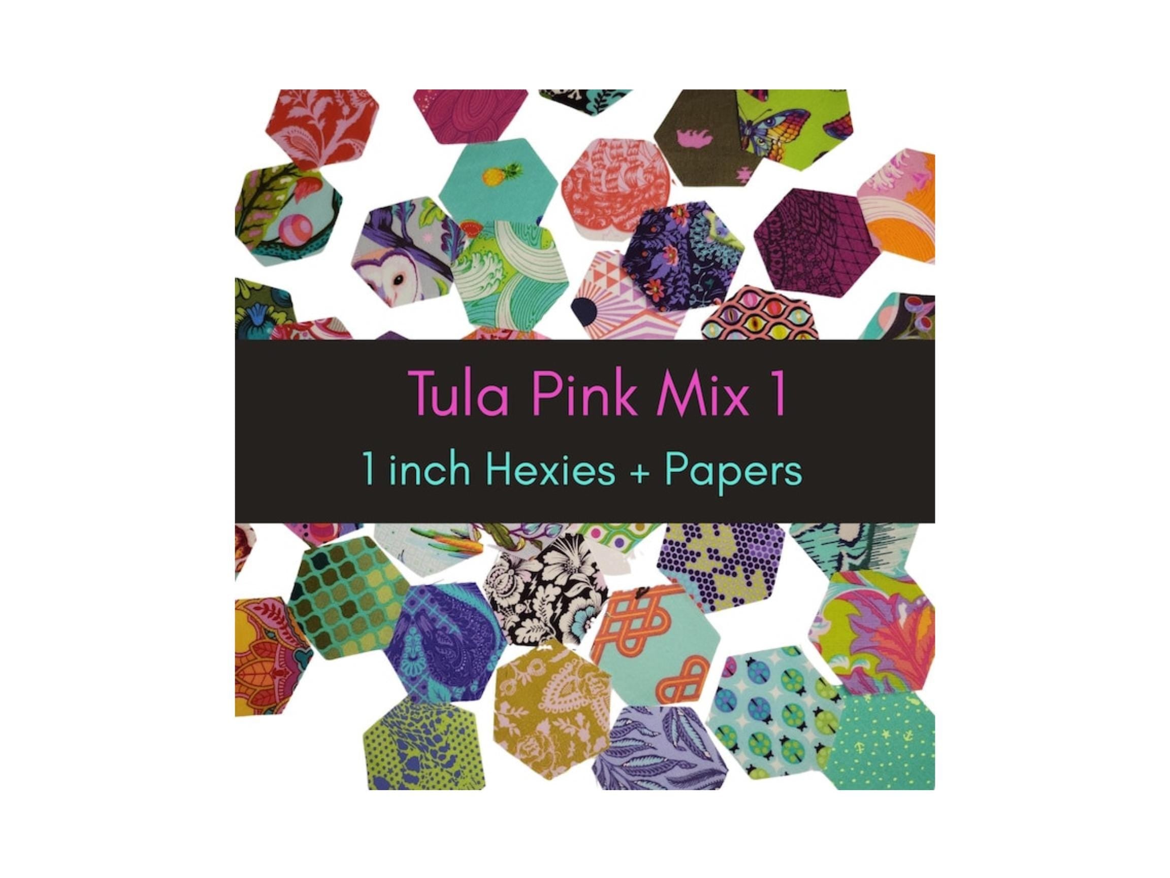 42 precut hexagons Tula Pink hexies 1 inch die cut assortment #1, plus papers; 42 hexies--no duplicates. English Paper Piecing (EPP)