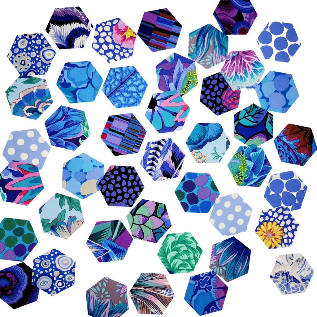 42 precut hexagons Kaffe Fassett Lake 1 inch die cut hexies and paper templates; English Paper Piecing (EPP); patchwork fabric