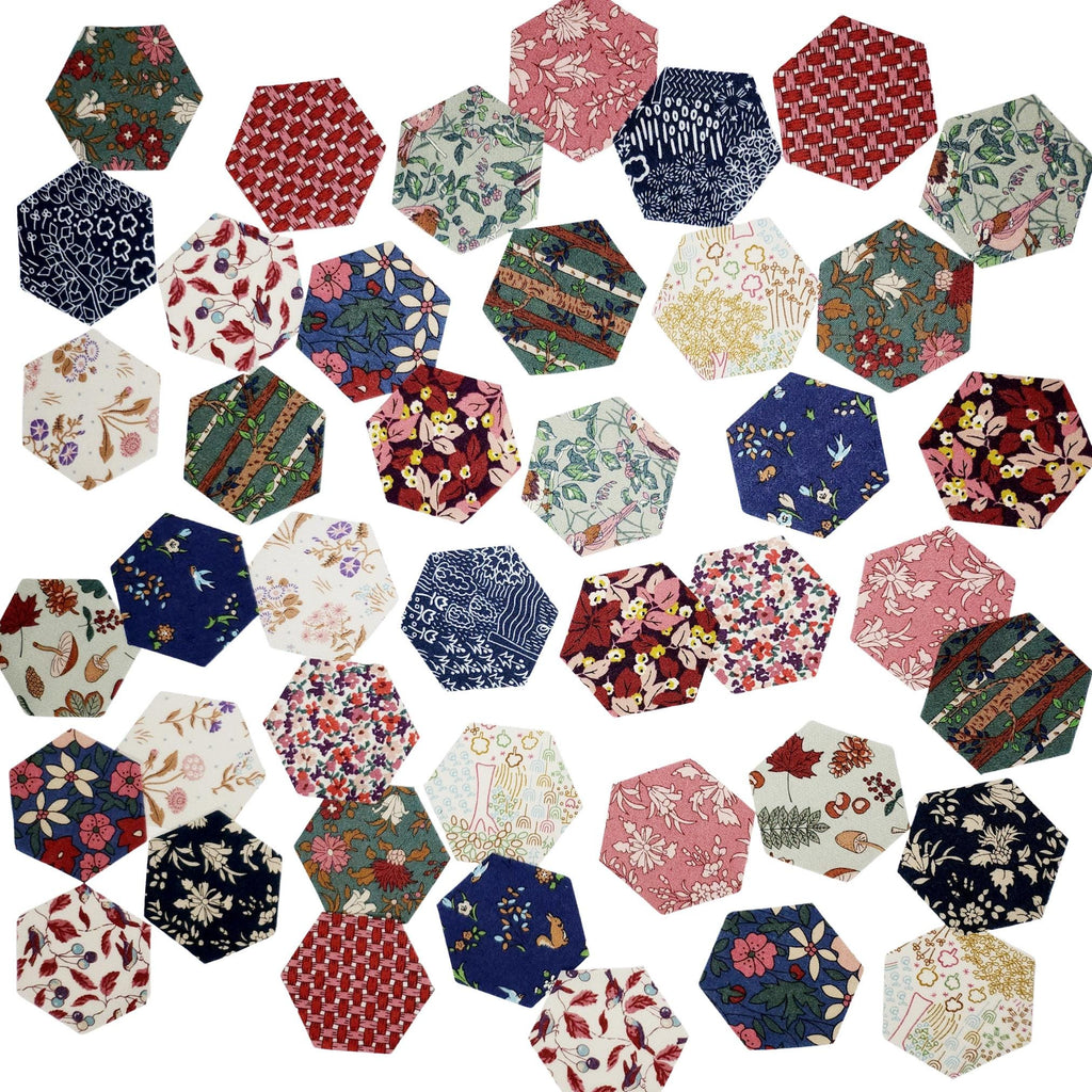 EPP Kit Liberty Fabrics Hexies: Woodland Walk Autumn Berries, 42 Precut 1-inch Hexagons + Papers