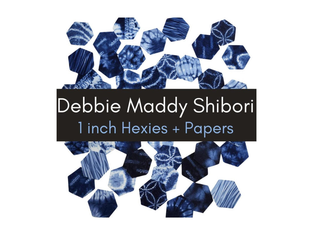 42 precut hexagons Debbie Maddy Shibori 1 inch die cut, plus papers; rare and out of print fabric hexies. English Paper Piecing (EPP)