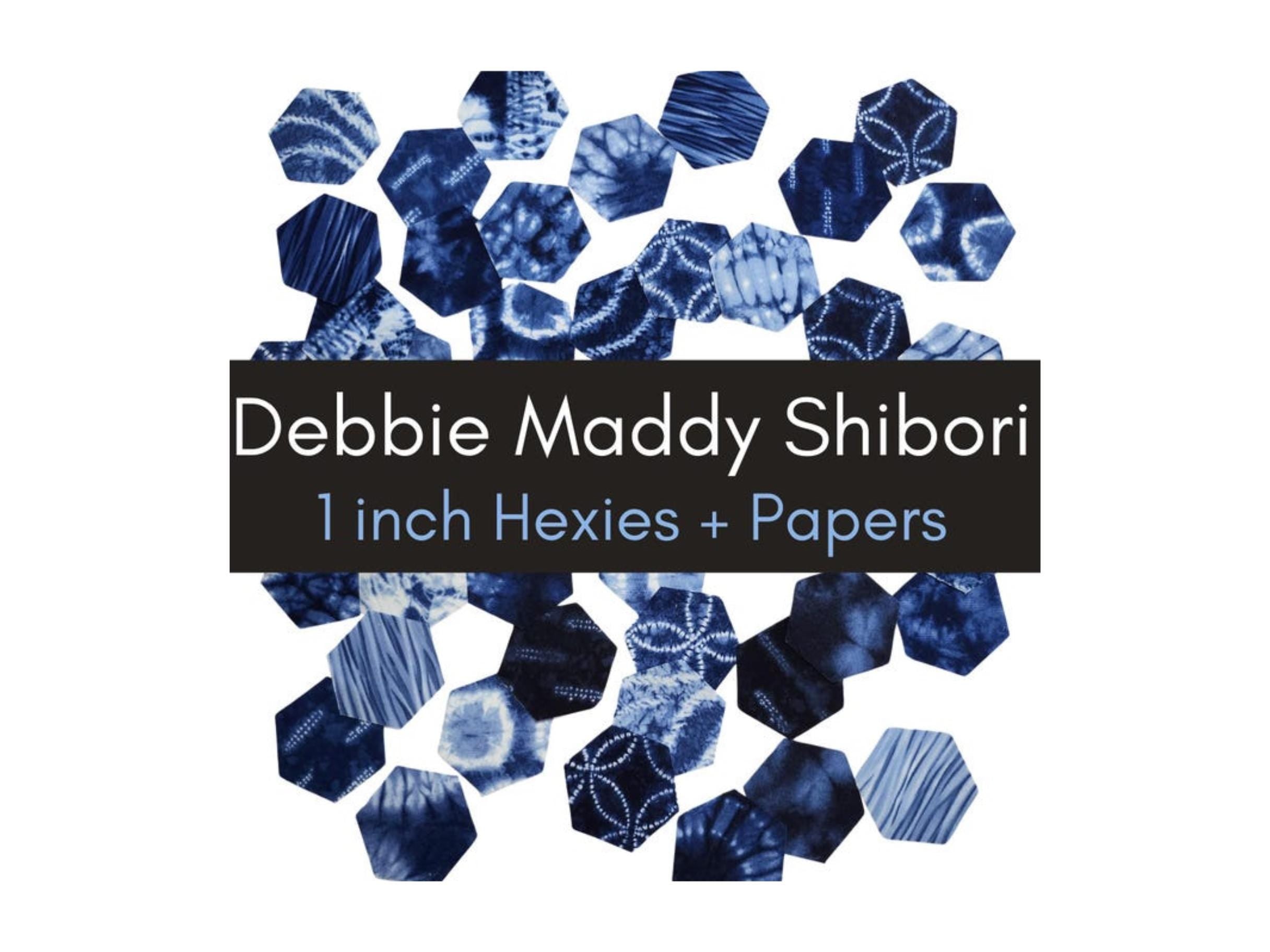 42 precut hexagons Debbie Maddy Shibori 1 inch die cut, plus papers; rare and out of print fabric hexies. English Paper Piecing (EPP)