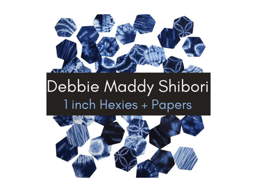 42 precut hexagons Debbie Maddy Shibori 1 inch die cut, plus papers; rare and out of print fabric hexies. English Paper Piecing (EPP)