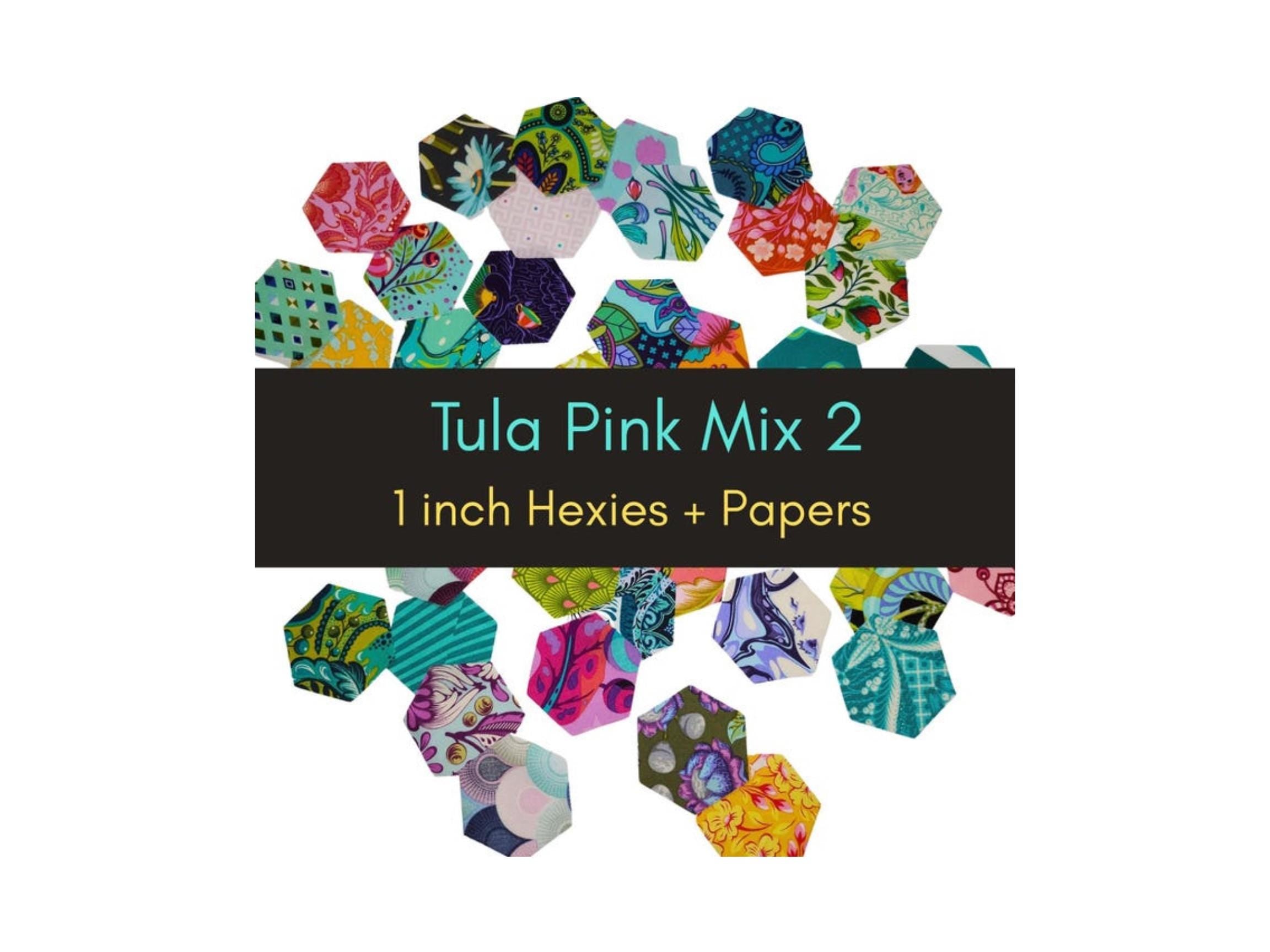 42 precut hexagons Tula Pink hexies 1 inch die cut assortment #2, plus papers; no duplicates,  English Paper Piecing (EPP) fabric