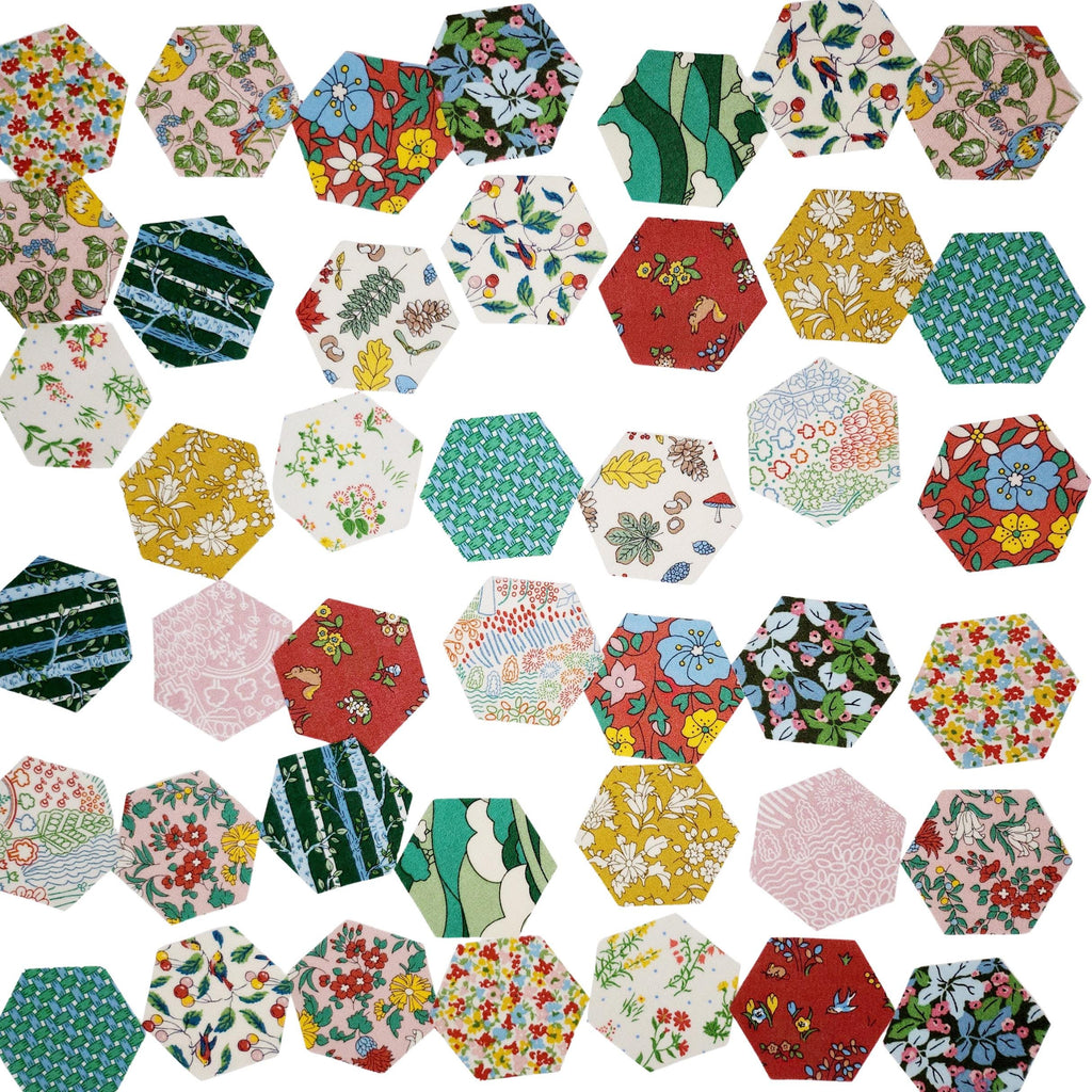 42 precut hexagons Liberty Fabrics Woodland Walk: Hillside Adventure 1 inch die cut hexies plus paper templates; English Paper Piecing (EPP)
