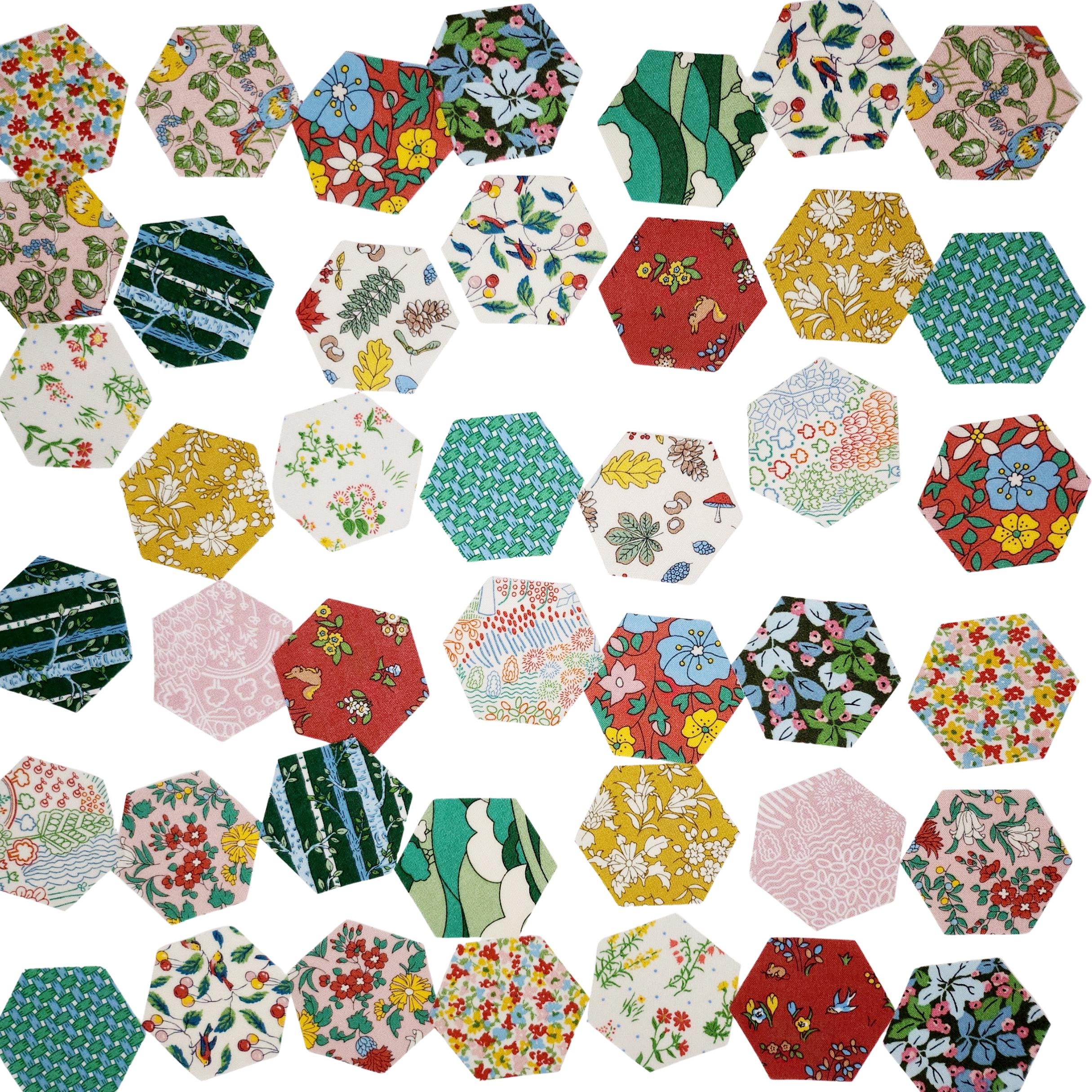 42 precut hexagons Liberty Fabrics Woodland Walk: Hillside Adventure 1 inch die cut hexies plus paper templates; English Paper Piecing (EPP)