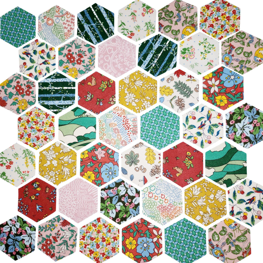 42 precut hexagons Liberty Fabrics Woodland Walk: Hillside Adventure 1 inch die cut hexies plus paper templates; English Paper Piecing (EPP)