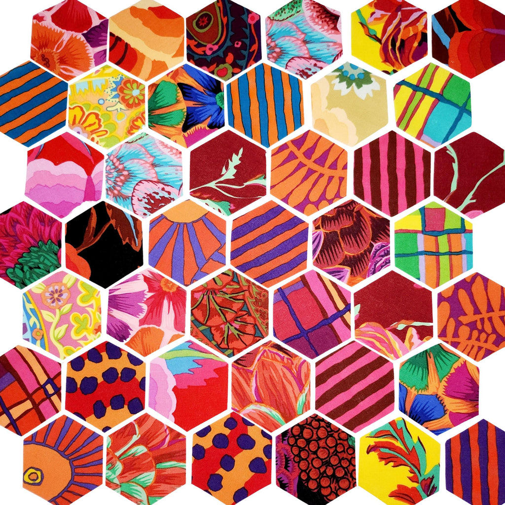 Kaffe Fassett Warm August 2022 Fabric Hexies: 1-inch English Paper Piecing hexagons  and templates (42pc)