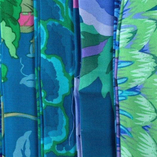 Kaffe Fassett classics Tidal hexies: 42 diecut 1 inch fabric hexagons and templates for EPP English Paper Piecing and cardstock templates. Fabric designs by Kaffe Fassett, Phillip Jacobs, and Barandon Mably.