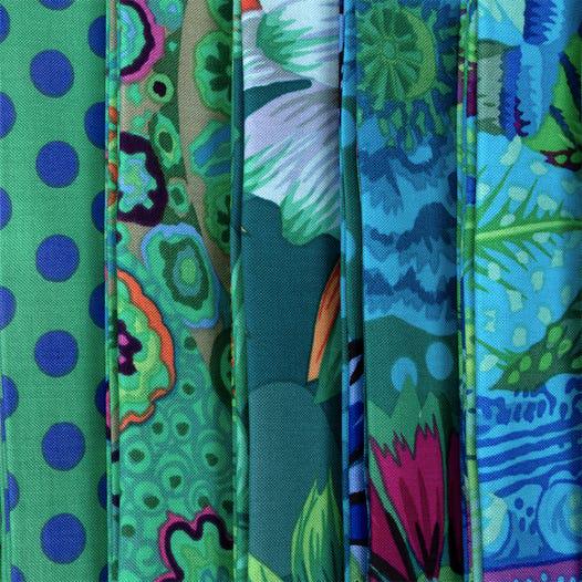 Kaffe Fassett classics Tidal hexies: 42 diecut 1 inch fabric hexagons and templates for EPP English Paper Piecing and cardstock templates. Fabric designs by Kaffe Fassett, Phillip Jacobs, and Barandon Mably.