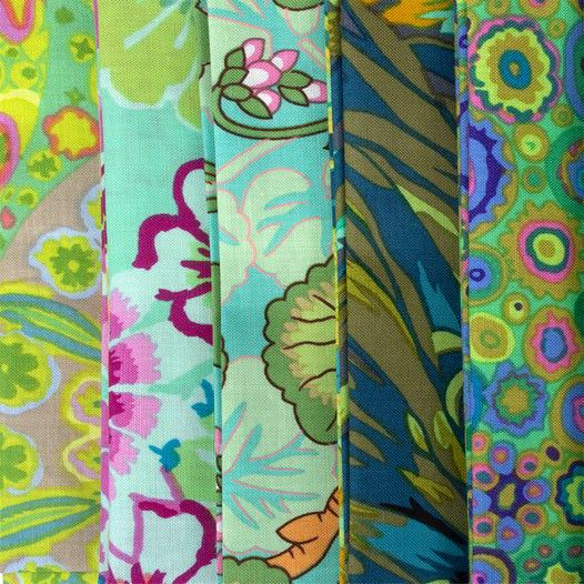 Kaffe Fassett classics Tidal hexies: 42 diecut 1 inch fabric hexagons and templates for EPP English Paper Piecing and cardstock templates. Fabric designs by Kaffe Fassett, Phillip Jacobs, and Barandon Mably.