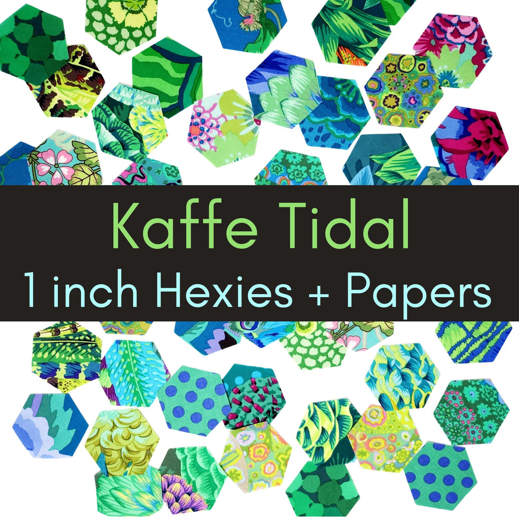 Kaffe Fassett classics Tidal hexies: 42 diecut 1 inch fabric hexagons and templates for EPP English Paper Piecing and cardstock templates. Fabric designs by Kaffe Fassett, Phillip Jacobs, and Barandon Mably.