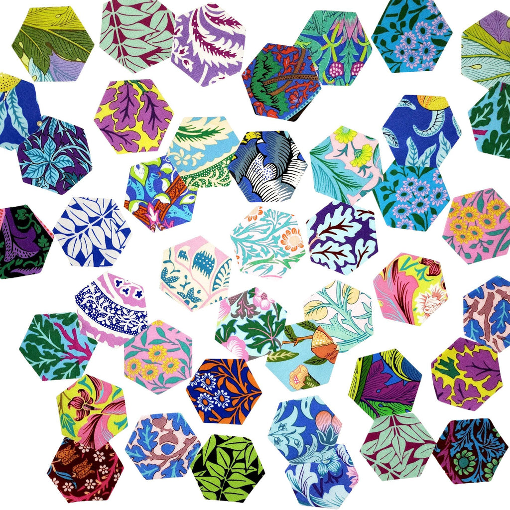 EPP Kaffe x Morris hexies: 1 inch fabric hexagons and papers 42 pcs