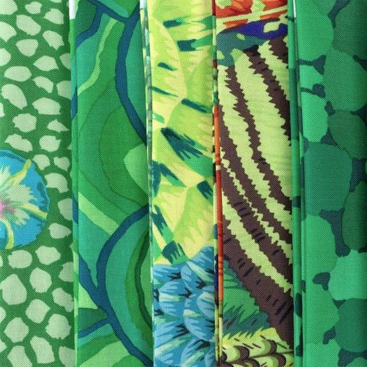 Kaffe Fassett classics Tidal hexies: 42 diecut 1 inch fabric hexagons and templates for EPP English Paper Piecing and cardstock templates. Fabric designs by Kaffe Fassett, Phillip Jacobs, and Barandon Mably.