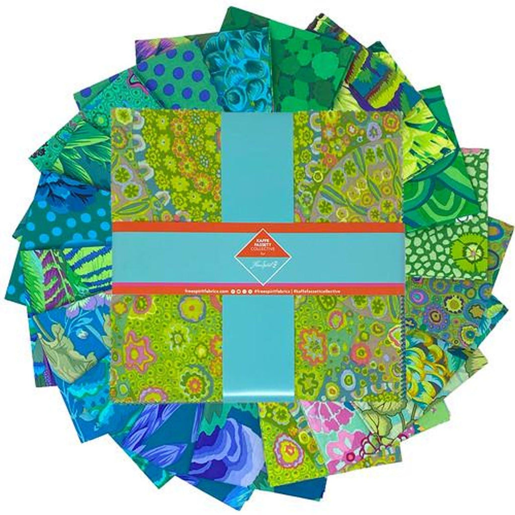 Kaffe Fassett classics Tidal hexies: 42 diecut 1 inch fabric hexagons and templates for EPP English Paper Piecing and cardstock templates. Fabric designs by Kaffe Fassett, Phillip Jacobs, and Barandon Mably.