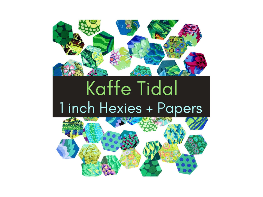 Kaffe Fassett classics Tidal hexies: 42 diecut 1 inch fabric hexagons and templates for EPP English Paper Piecing and cardstock templates. Fabric designs by Kaffe Fassett, Phillip Jacobs, and Barandon Mably.