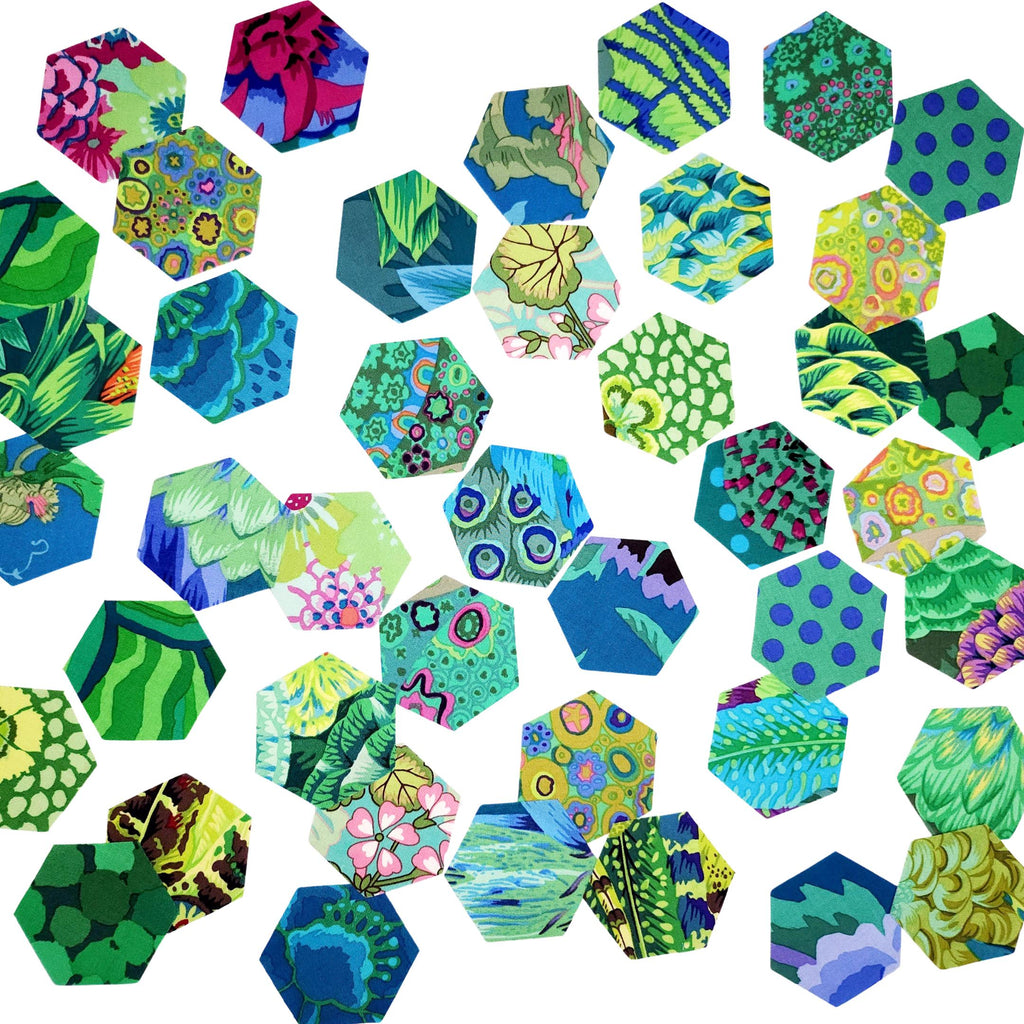 Kaffe Fassett classics Tidal hexies: 42 diecut 1 inch fabric hexagons and templates for EPP English Paper Piecing and cardstock templates. Fabric designs by Kaffe Fassett, Phillip Jacobs, and Barandon Mably.