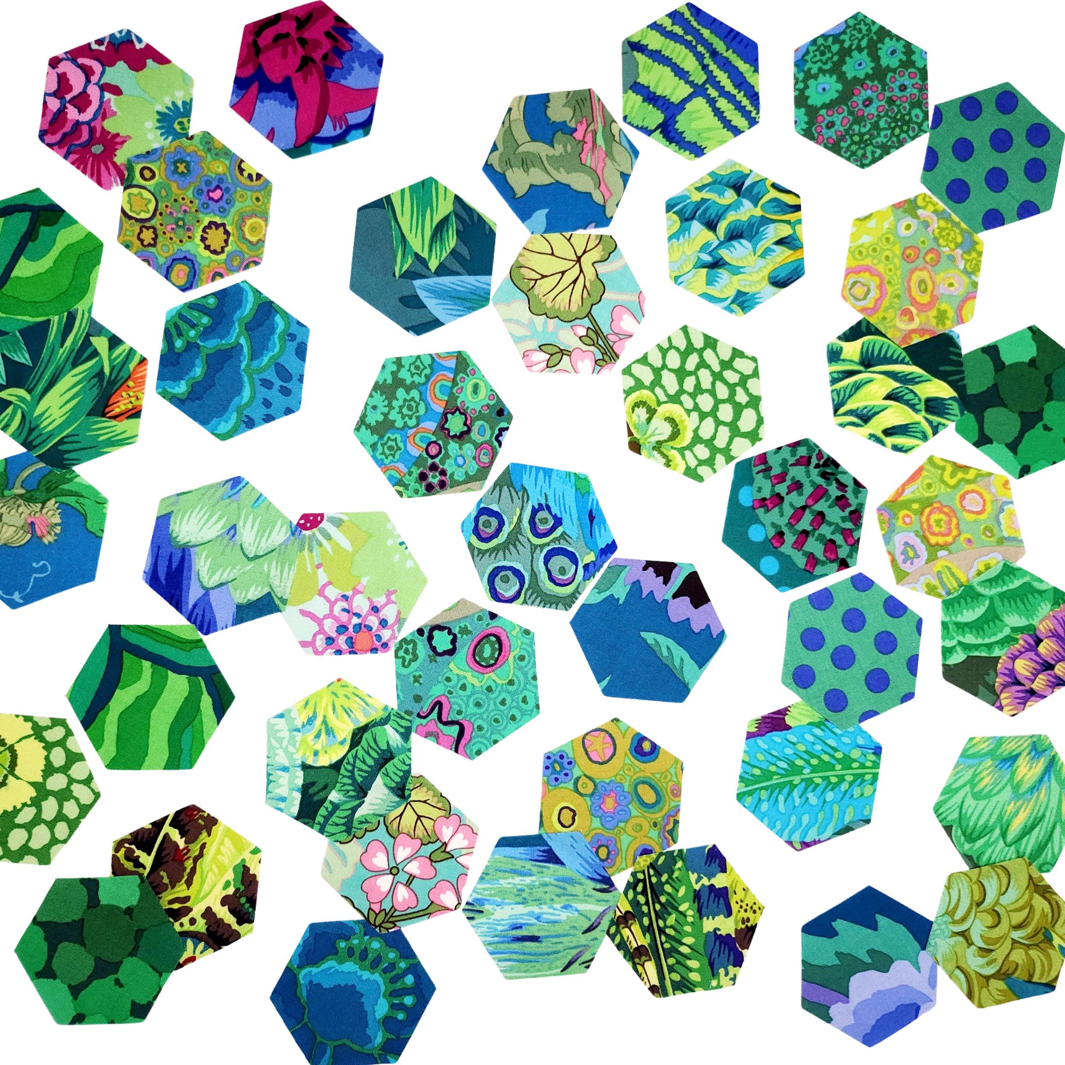 Kaffe Fassett classics Tidal hexies: 42 diecut 1 inch fabric hexagons and templates for EPP English Paper Piecing and cardstock templates. Fabric designs by Kaffe Fassett, Phillip Jacobs, and Barandon Mably.