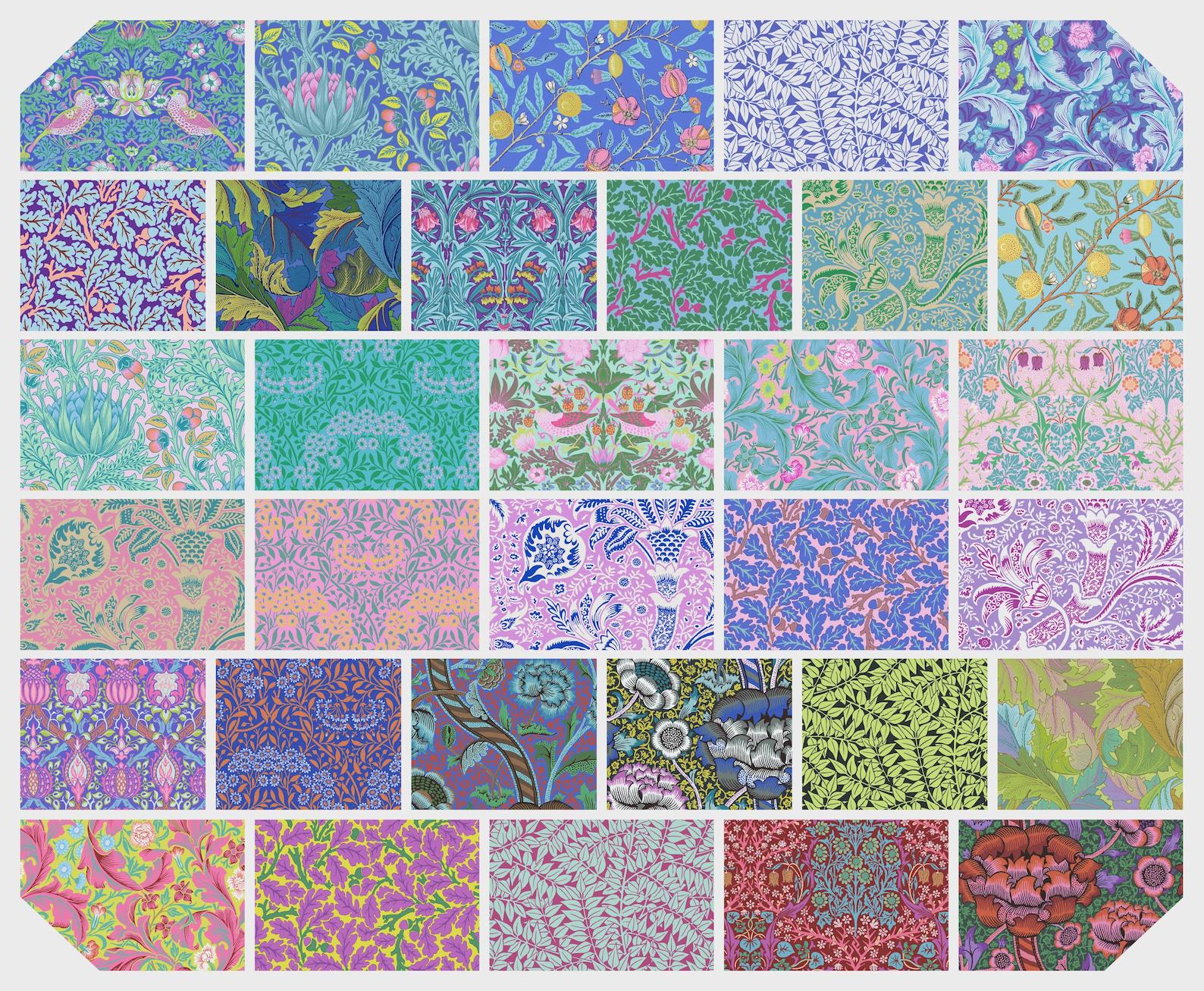 EPP Kaffe x Morris hexies: 1 inch fabric hexagons and papers 42 pcs