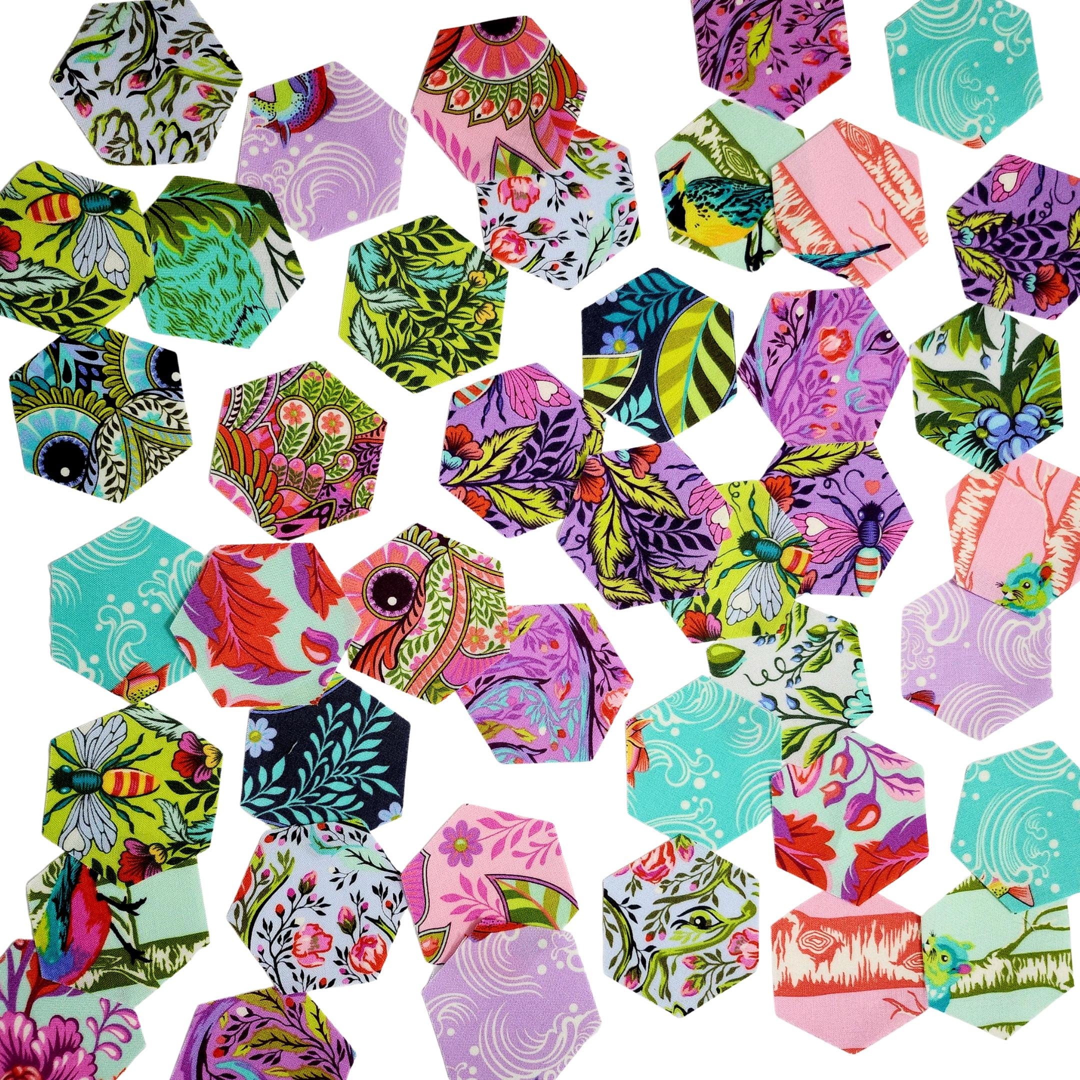 Tula Pink Full Moon Forest II Hexies: 42 Fabric Hexagons, 1-inch + Paper Templates