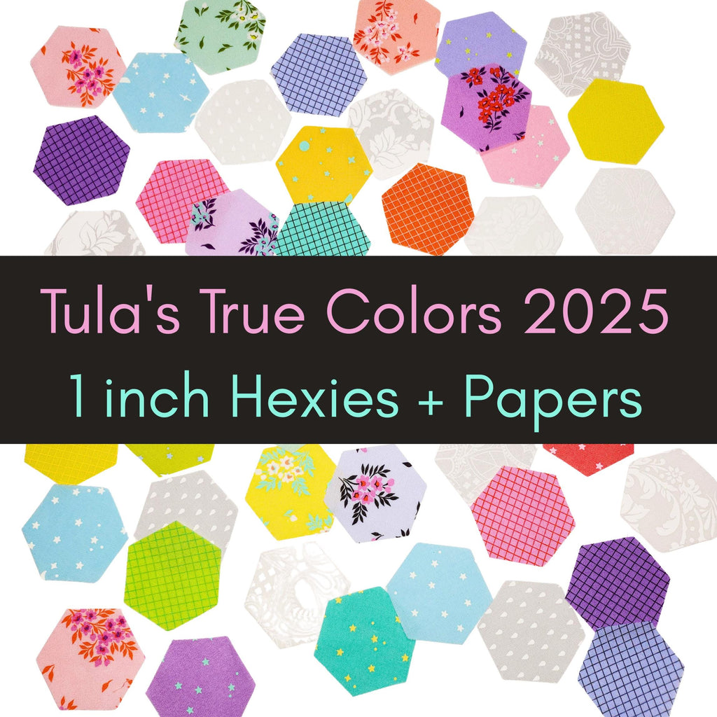 EPP kit Tula Pink True Colors 2025 Hexies: 42 diecut 1-inch Fabric hexagons + Paper Templates