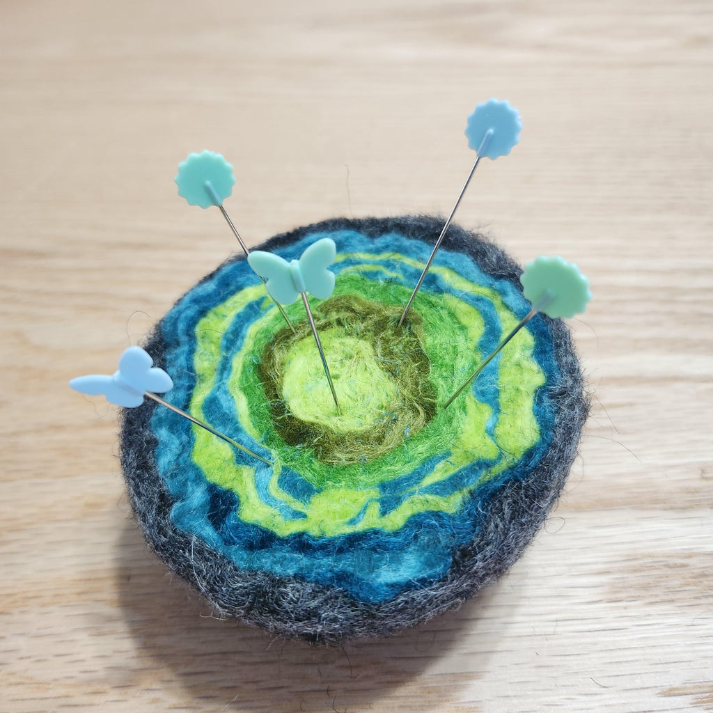 Wool geode pincushion, hand felted merino and Icelandic in aqua green, gemstone pin cushion, handmade by me in Arkansas