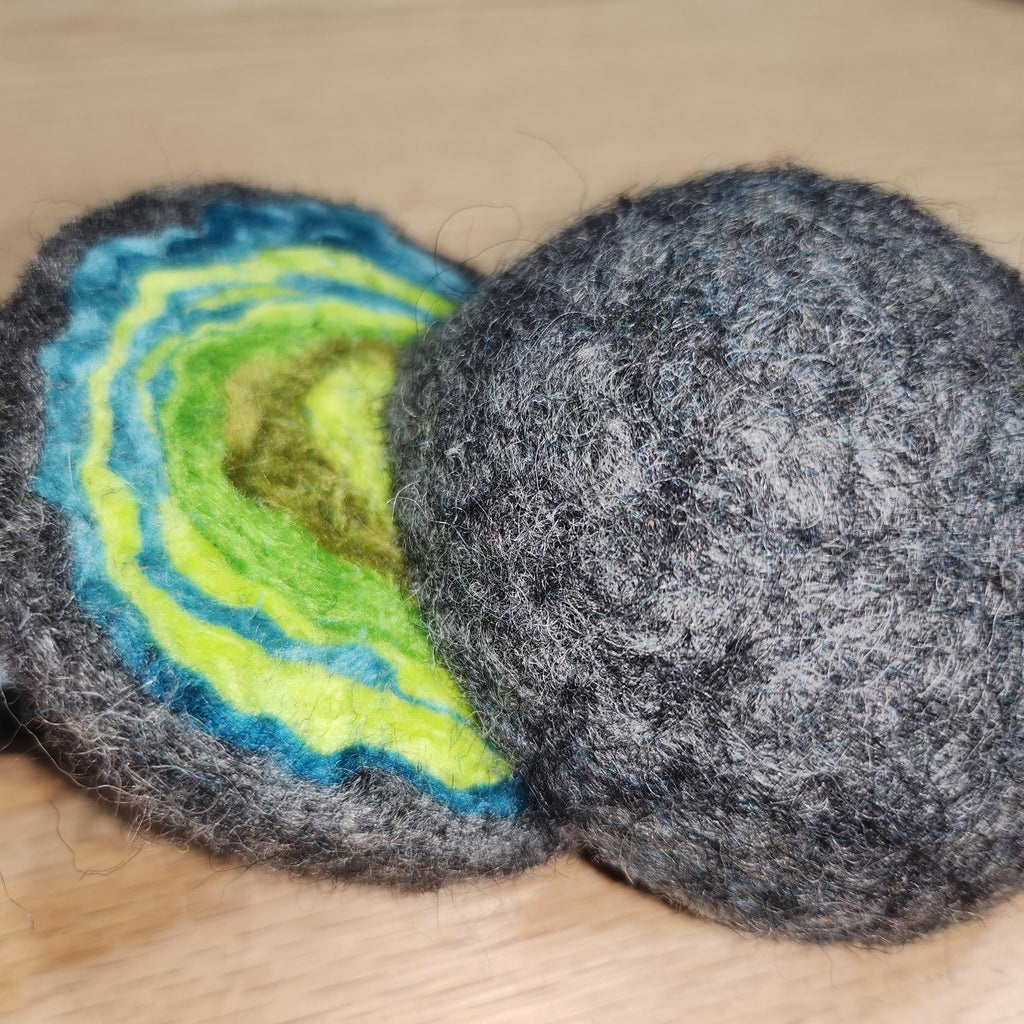 Wool geode pincushion, hand felted merino and Icelandic in aqua green, gemstone pin cushion, handmade by me in Arkansas