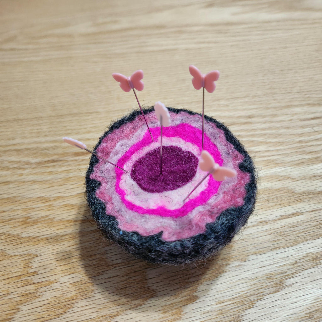 Wool geode pincushion, hand felted merino and Icelandic in pinks, gemstone pin cushion, handmade by me in Arkansas