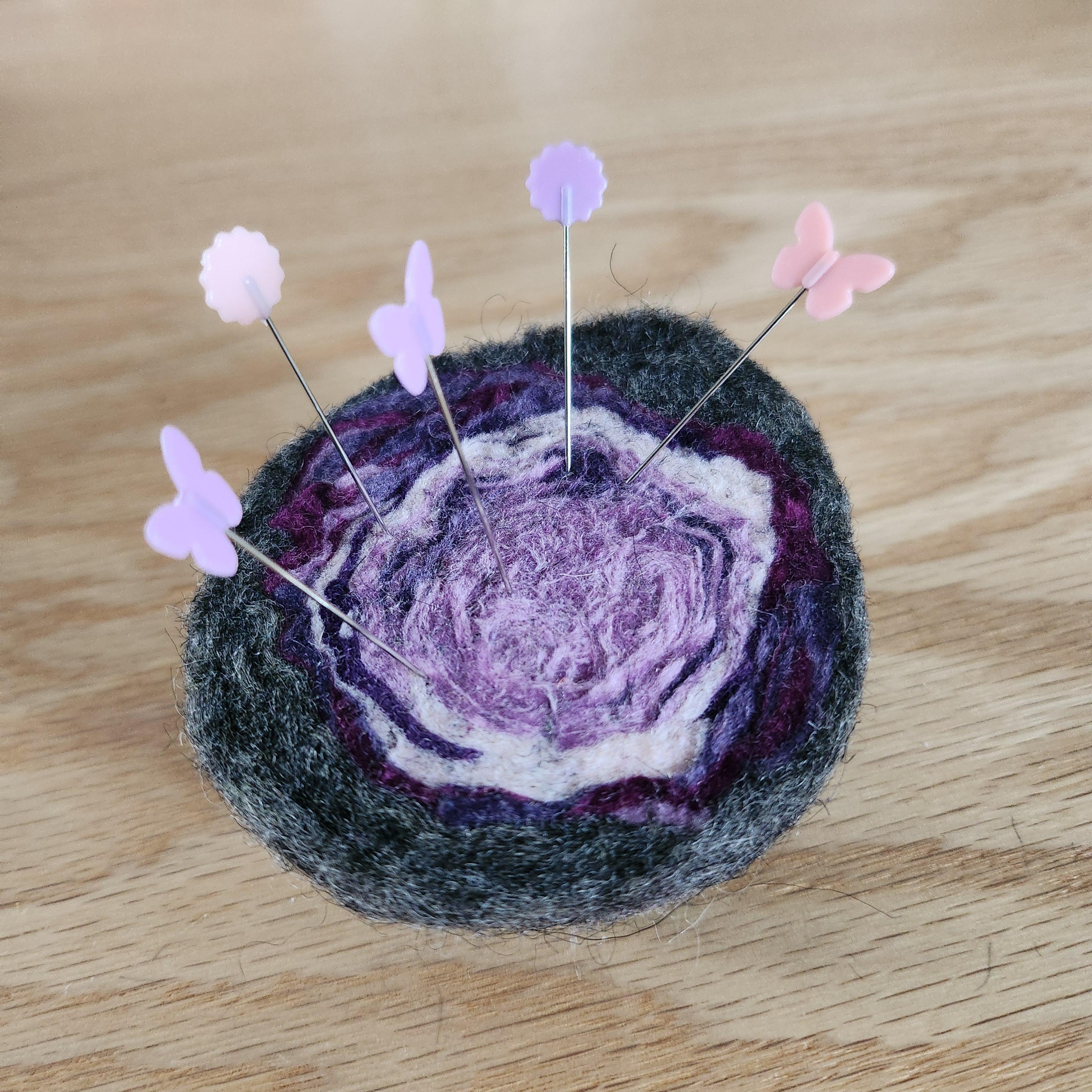 Wool geode pincushion, hand felted merino and Icelandic in purples, amethyst gemstone pin cushion, handmade by me in Arkansas