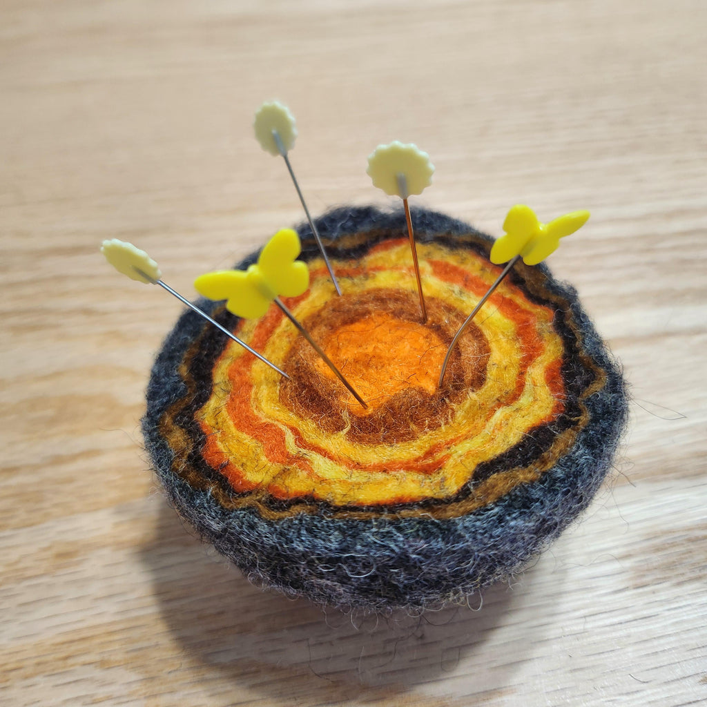 Wool geode pincushion, hand felted merino and Icelandic in orange yellow,  citrine gemstone pin cushion, handmade by me in Arkansas