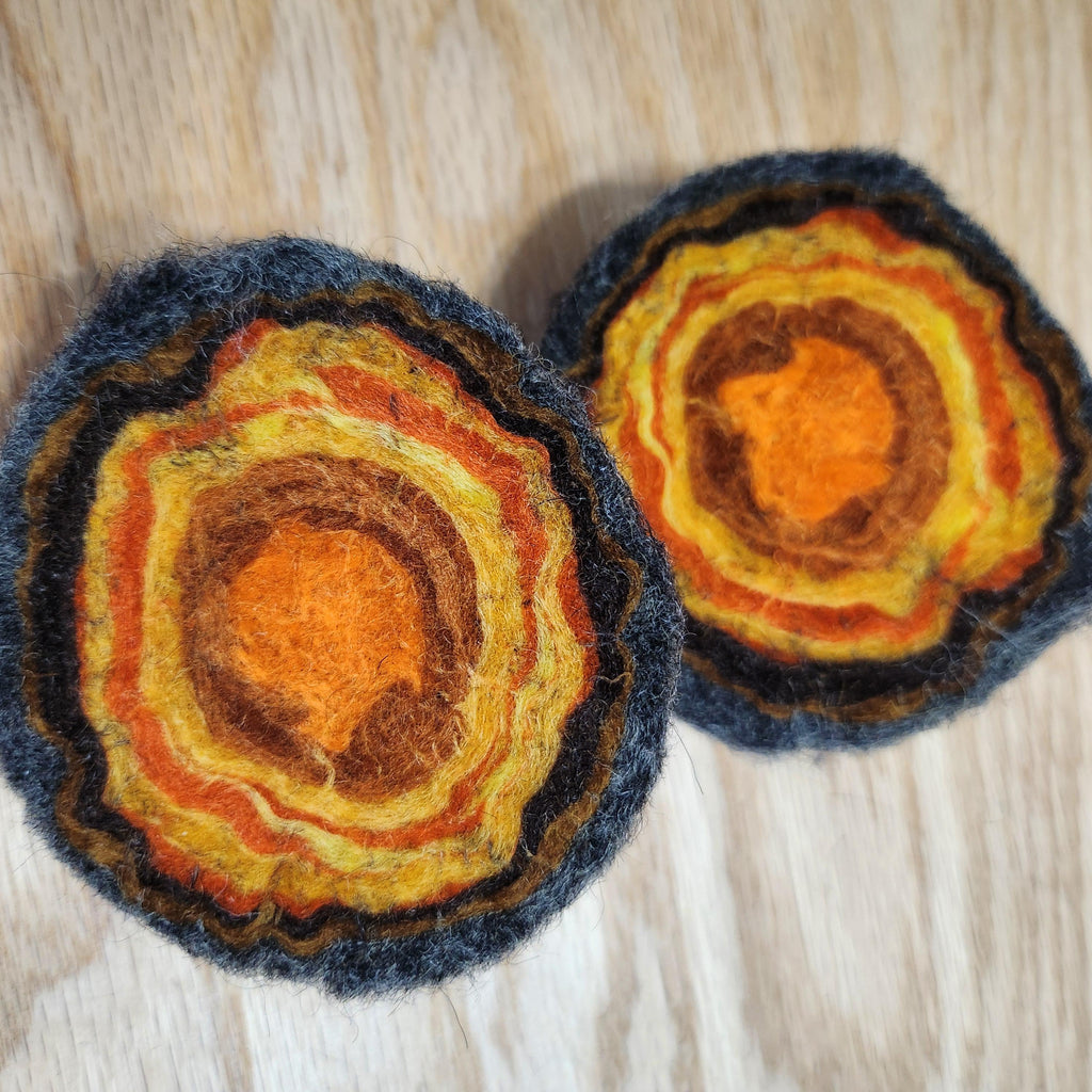 Wool geode pincushion, hand felted merino and Icelandic in orange yellow,  citrine gemstone pin cushion, handmade by me in Arkansas