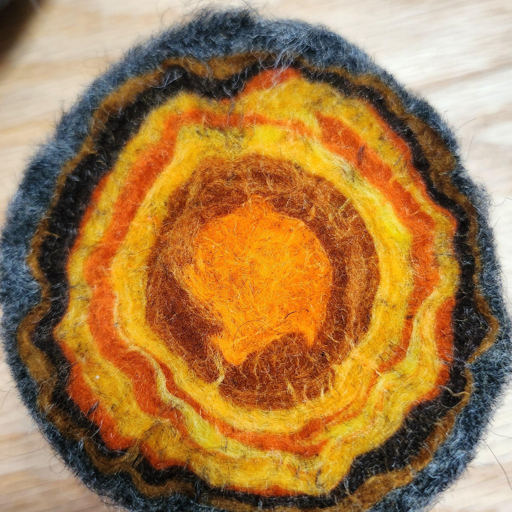 Wool geode pincushion, hand felted merino and Icelandic in orange yellow,  citrine gemstone pin cushion, handmade by me in Arkansas