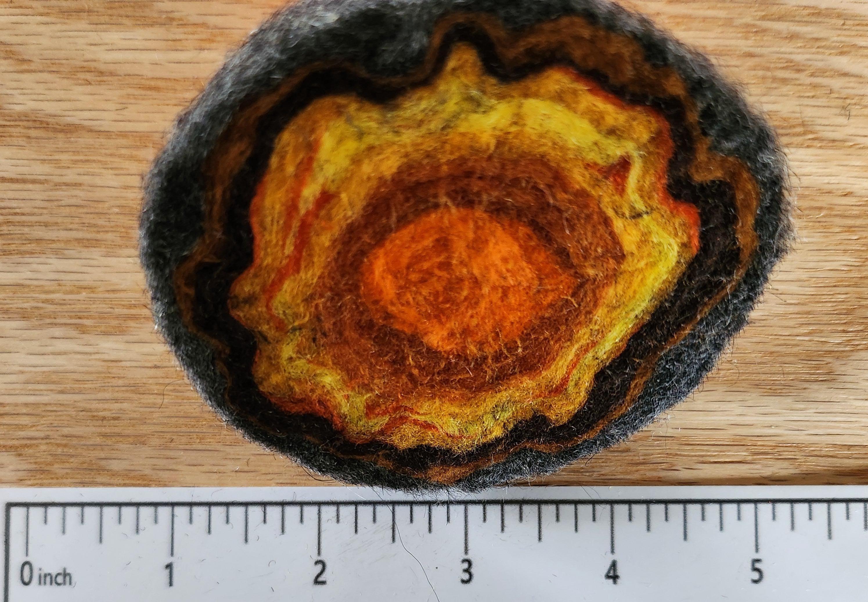 Wool geode pincushion, hand felted merino and Icelandic in orange yellow,  citrine gemstone pin cushion, handmade by me in Arkansas