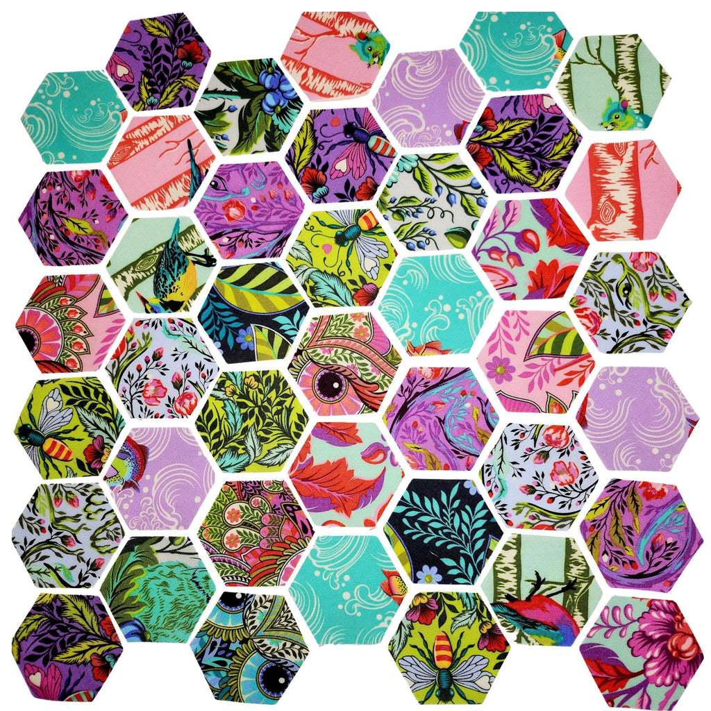 Tula Pink Full Moon Forest II Hexies: 42 Fabric Hexagons, 1-inch + Paper Templates
