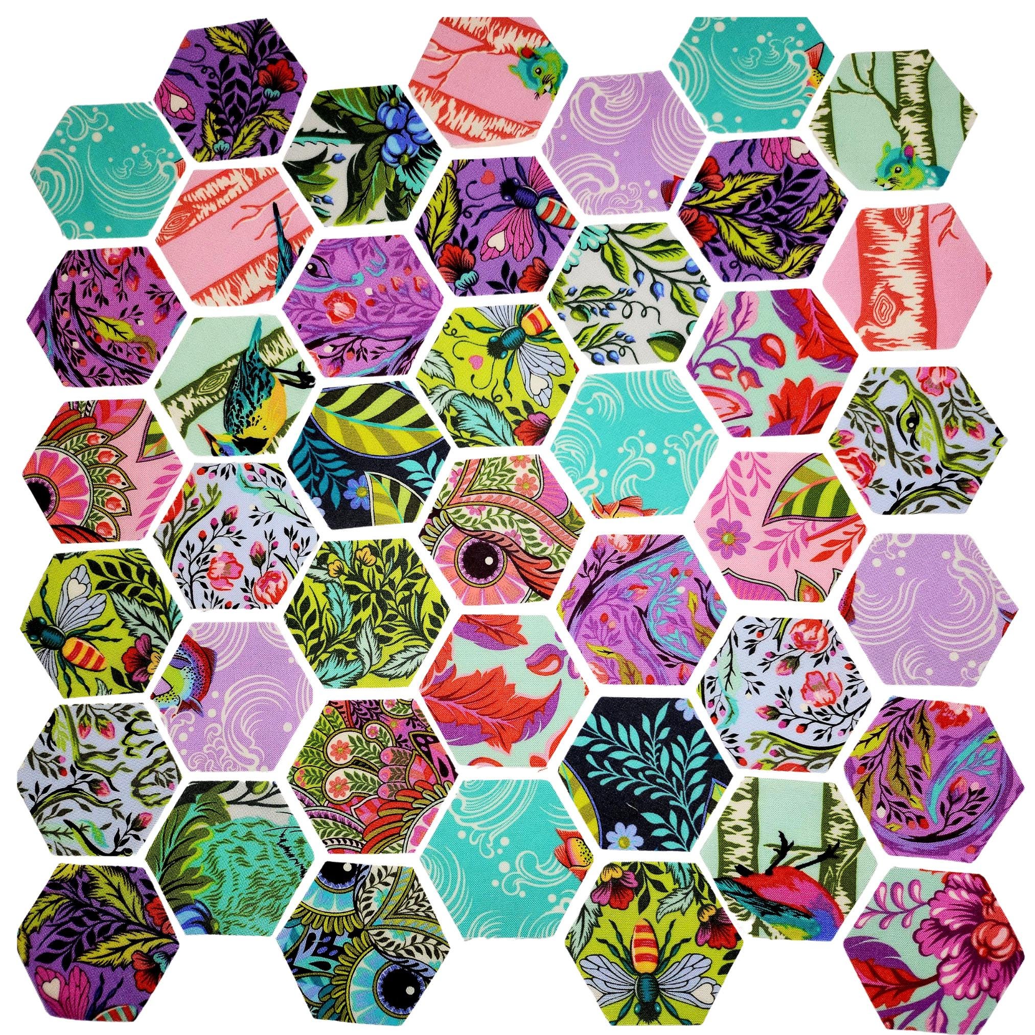 Tula Pink Full Moon Forest II Hexies: 42 Fabric Hexagons, 1-inch + Paper Templates