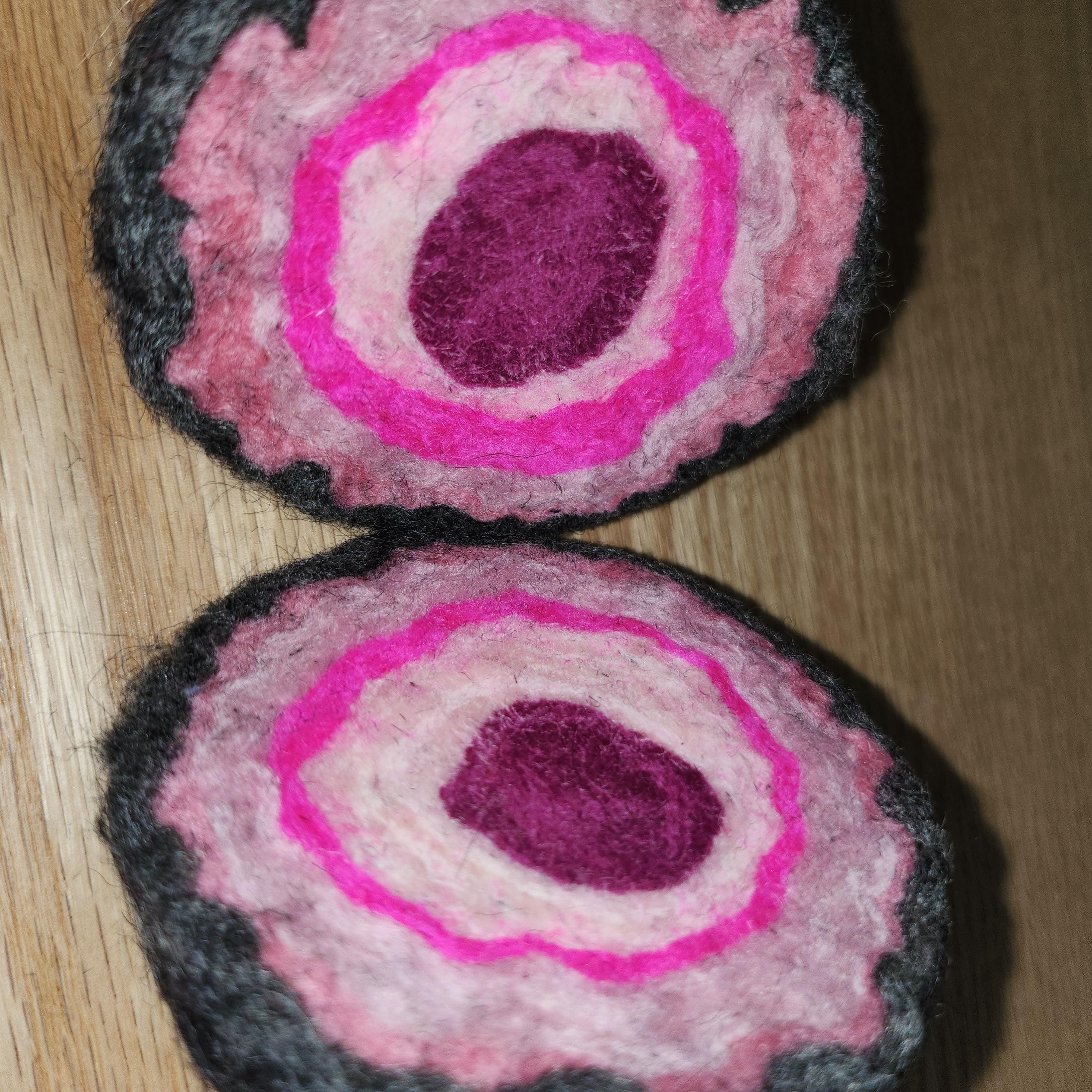 Wool geode pincushion, hand felted merino and Icelandic in pinks, gemstone pin cushion, handmade by me in Arkansas