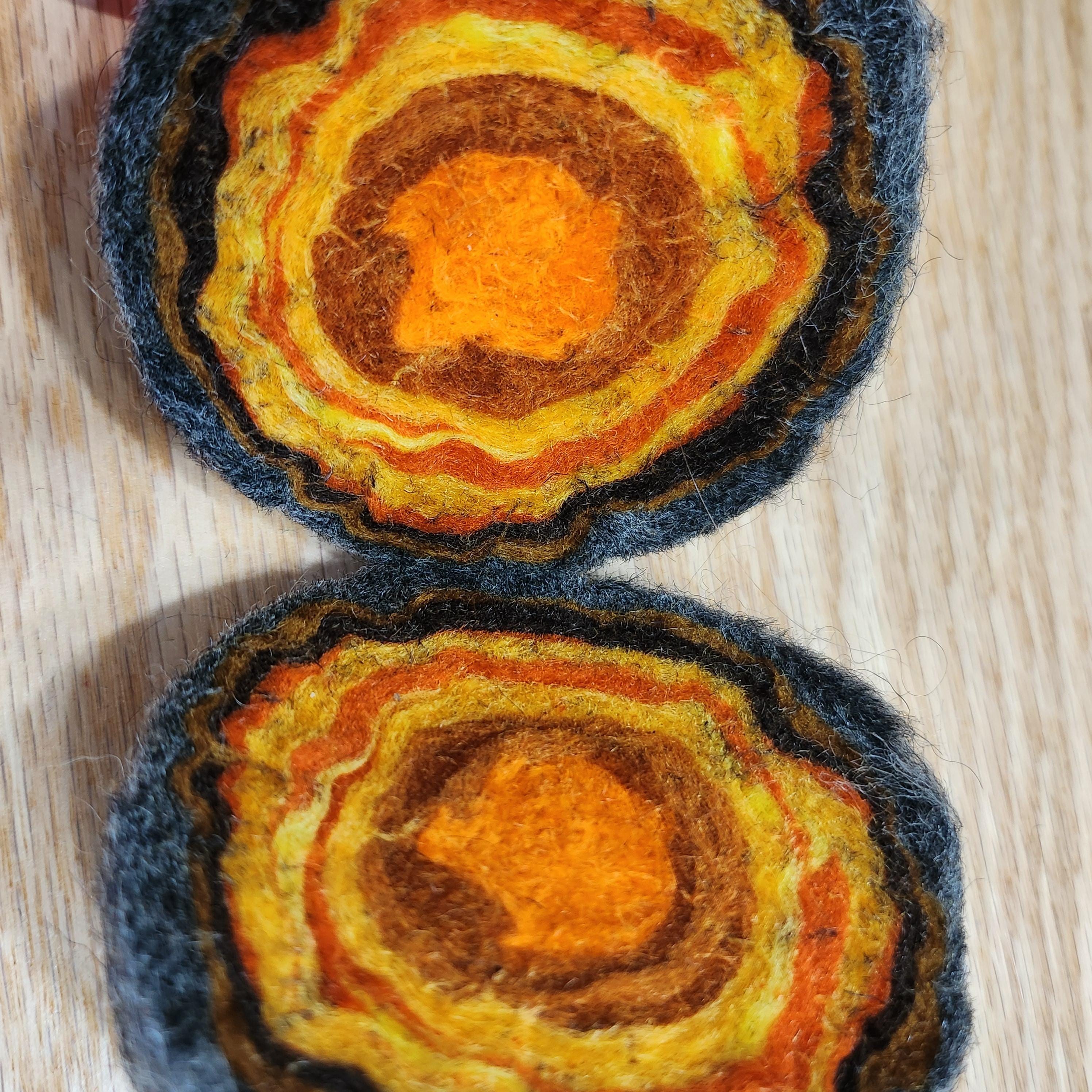 Wool geode pincushion, hand felted merino and Icelandic in orange yellow,  citrine gemstone pin cushion, handmade by me in Arkansas