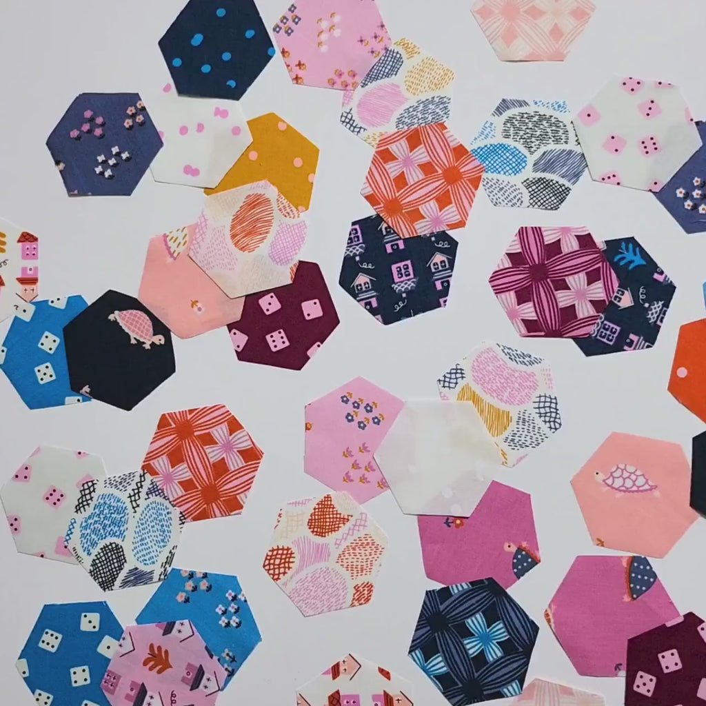EPP Kit Ruby Star Tarrytown Hexies: 1 inch Fabric Hexagons + Papers, 42 pcs