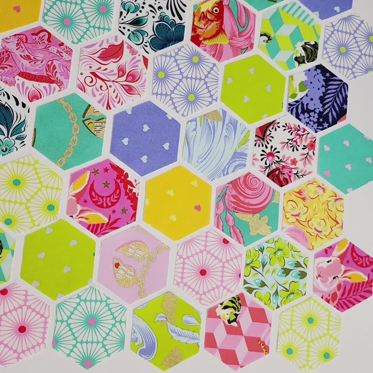 EPP Kit Tula Pink Besties Fabric Hexies: 42 diecut 1-inch hexagons + Paper templates