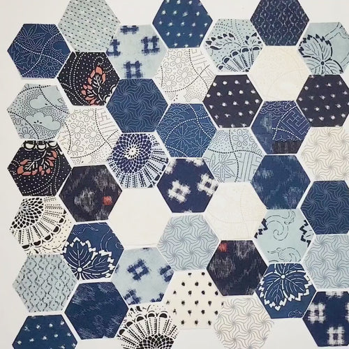 EPP Indigo Blooming Fabric Hexies: 1-inch Japanese Repro Fabrics, Papers (42pcs)