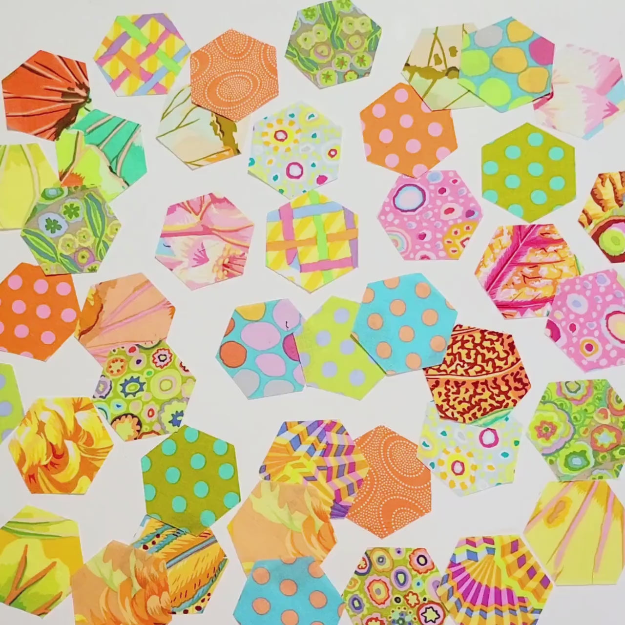 EPP kit Kaffe Fassett Parakeet Hexies: 42 precut 1-inch fabric hexagons and templates