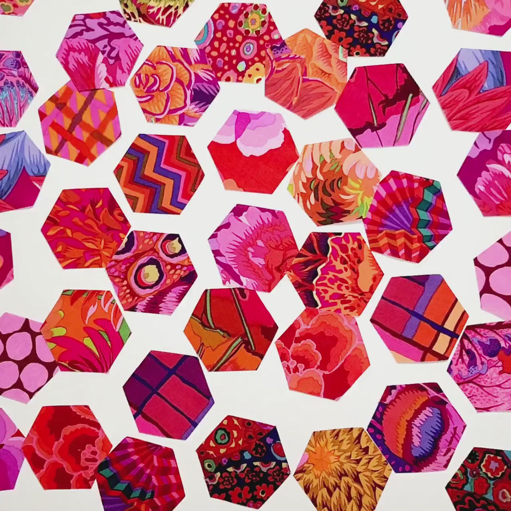 EPP Kaffe Fassett Ruby Hexies: 42 precut 1 inch fabric hexagons and templates