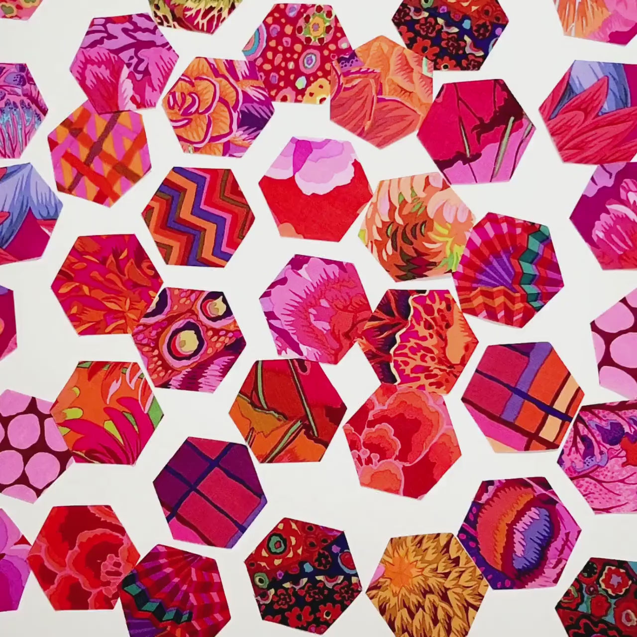 EPP Kaffe Fassett Ruby Hexies: 42 precut 1 inch fabric hexagons and templates