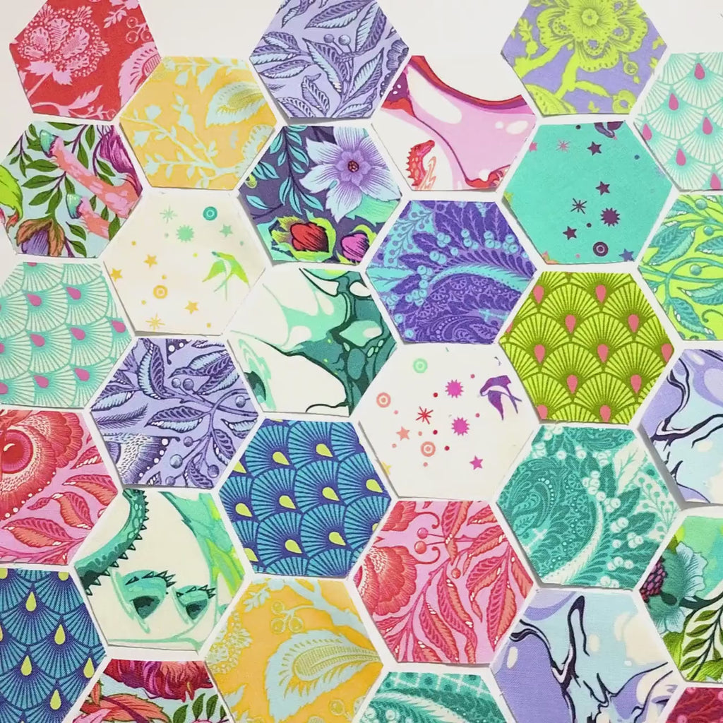 EPP Kit Tula Pink Pinkerville Hexies: 42 Precut 1 inch Fabric Hexagons + Paper Templates