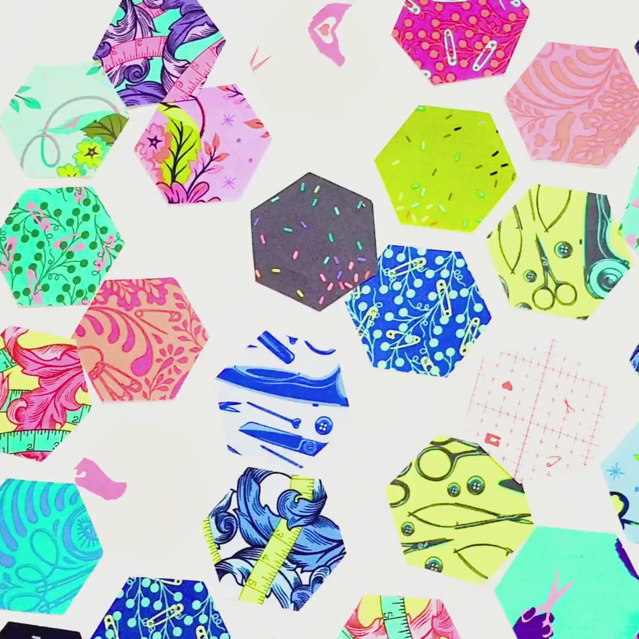 EPP Kit Tula Pink Homemade Fabric Hexagons: 42 diecut 1-inch Hexies + Paper Templates